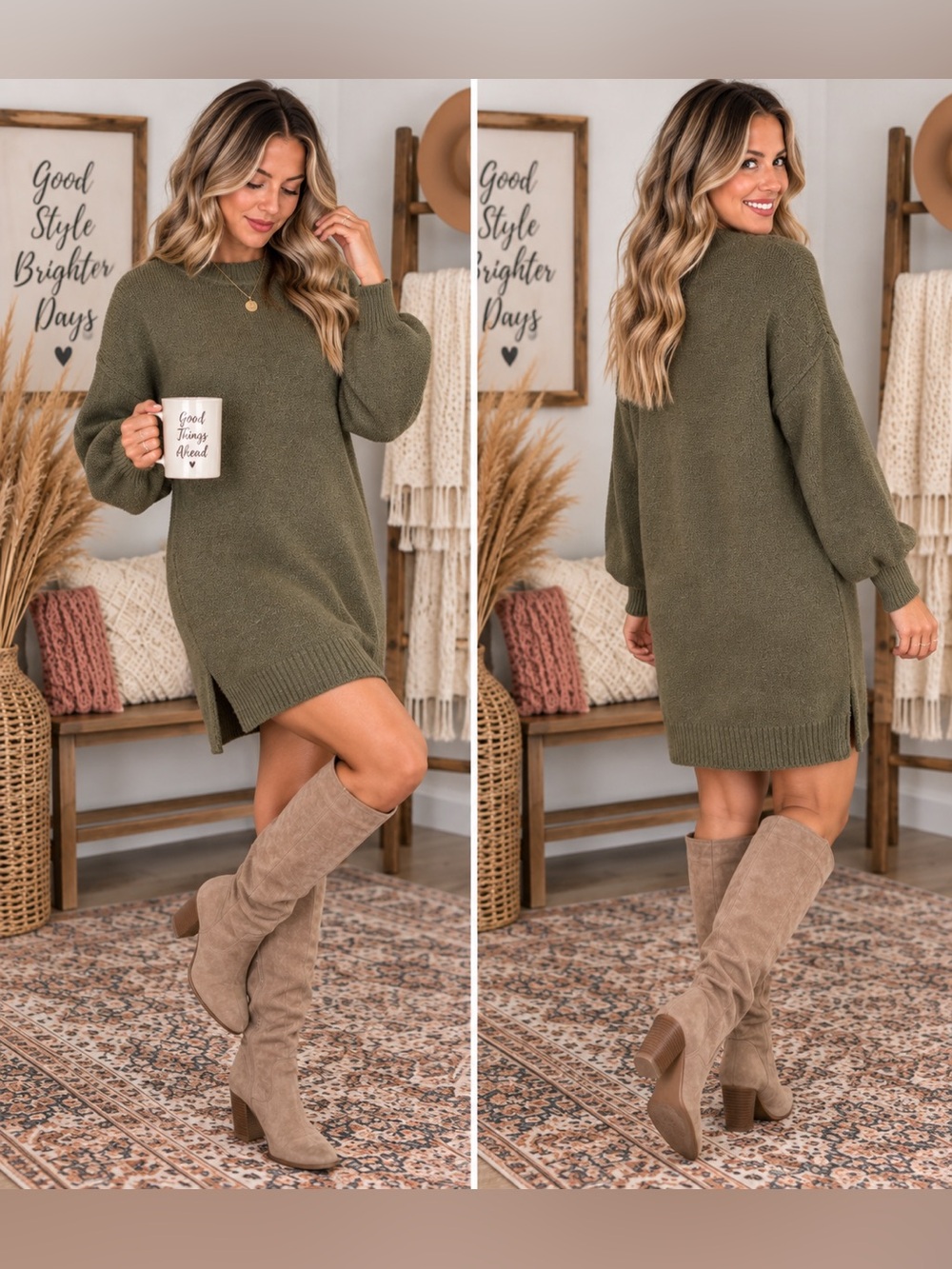 Olive Knit Sweater Mini Dress - Women's Long Sleeve Pullover